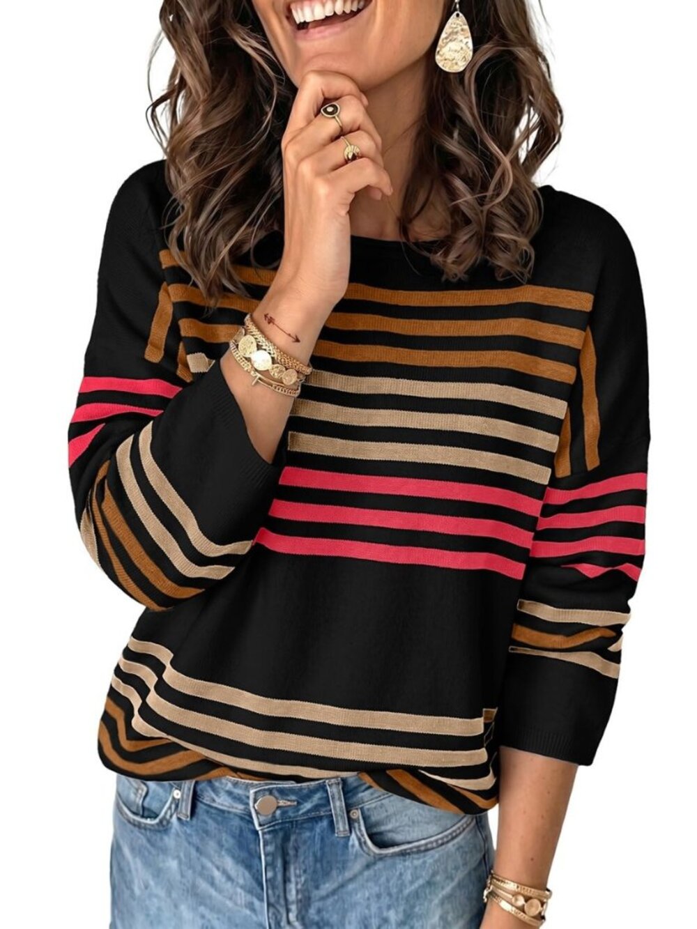 Women's Striped Sweaters 2026 Trendy Casual Pullover Knit Tops